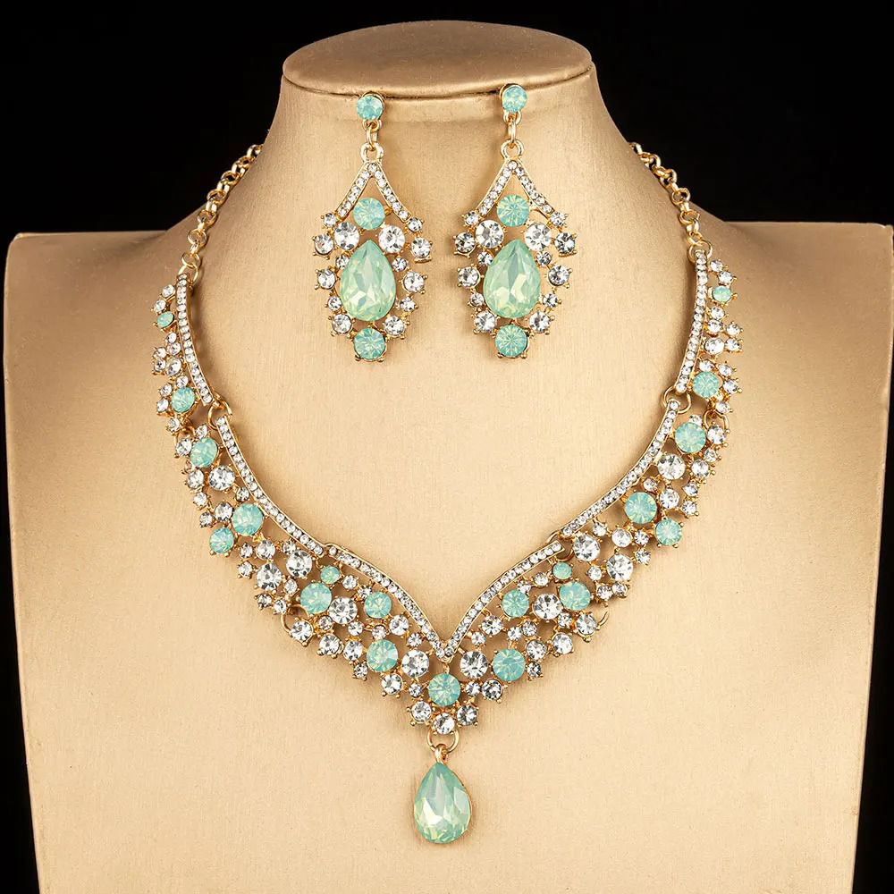 KMVEXO Crystal Opal Choker Necklace Earrings Set Rhinestone Bridal Jewelry Sets for Bride Wedding Party Costume Bijoux 250520