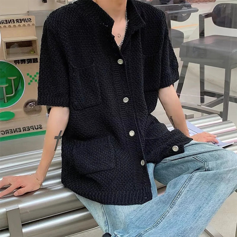Mens Clothing Leisure y Knitted Shirt Harajuku Fashion Solid Color Short Sleeve Buttondown Korean Knitwear Summer 250520
