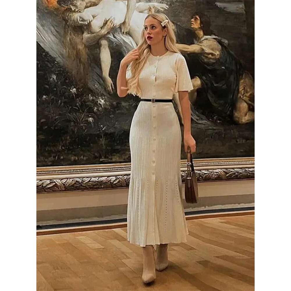 Knit Solid Women's Dress Short Sleeve O Neck Lady Dresses 2025 Elegant Summer Single Breasted Hip Package High Waist Female Rube Designer