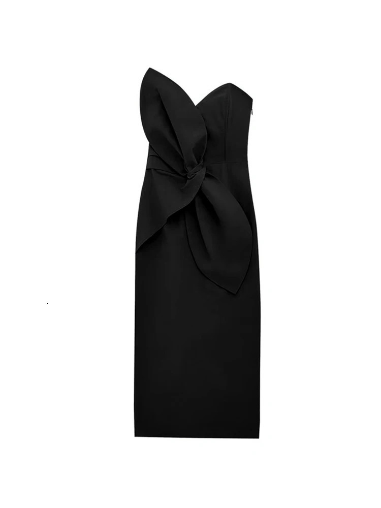 TRZA Strapless Midi Dress for Women Bow Detail Sweetheart Neck Side Zipper Fashion Female Vestidos Mujer 250520