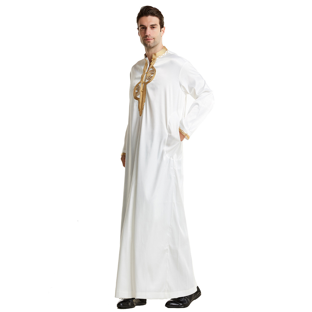 Designer Clothing Embroidery Collar Robe Solid Color Simulation Silk New Standing Collar Ethnic Clothing Men's Clothing 2025 New Style