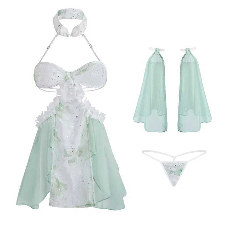 Sexy Split Cheongsam Skirt See-through Hanfu Women Porn Set Chinese Improve Traditional Dress Exotic Charm Costume Green 2025new R250520