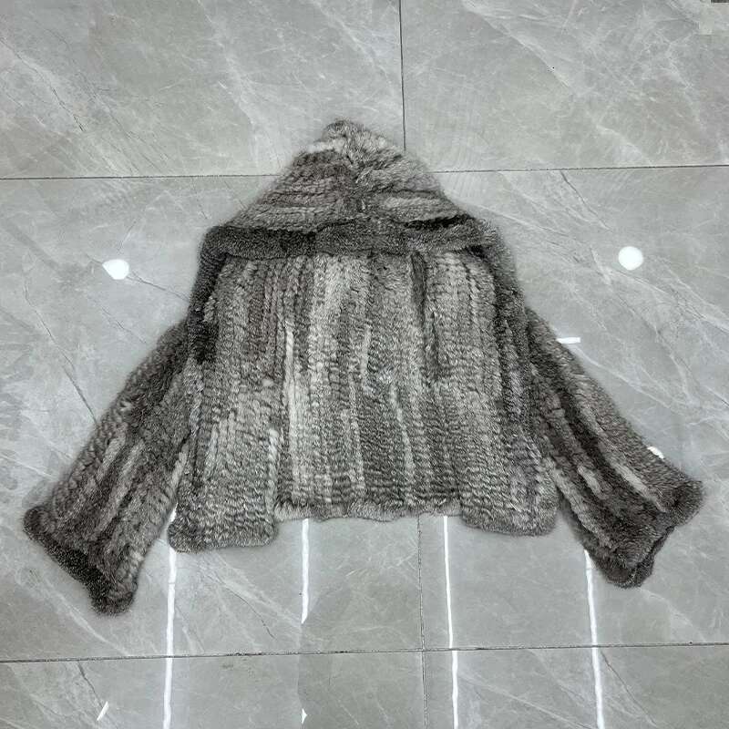 2023 Autumn Winter Women Real Natural Rabbit Thick Coat 100% Fur Warm Jacket Loose Knited Hooded Full Sleeves