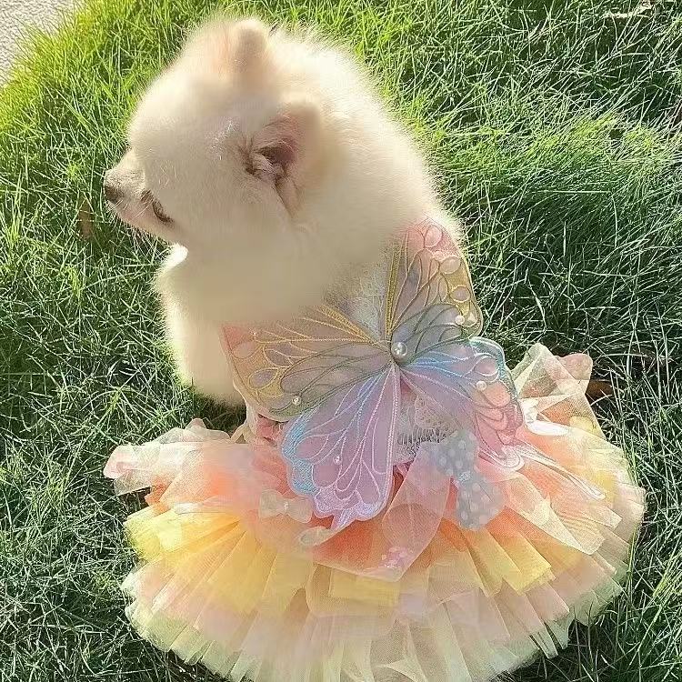 T00250 Dog clothes summer thin breathable air-flowing yarn princess dress skirt pet teddy bear panda traction buckle