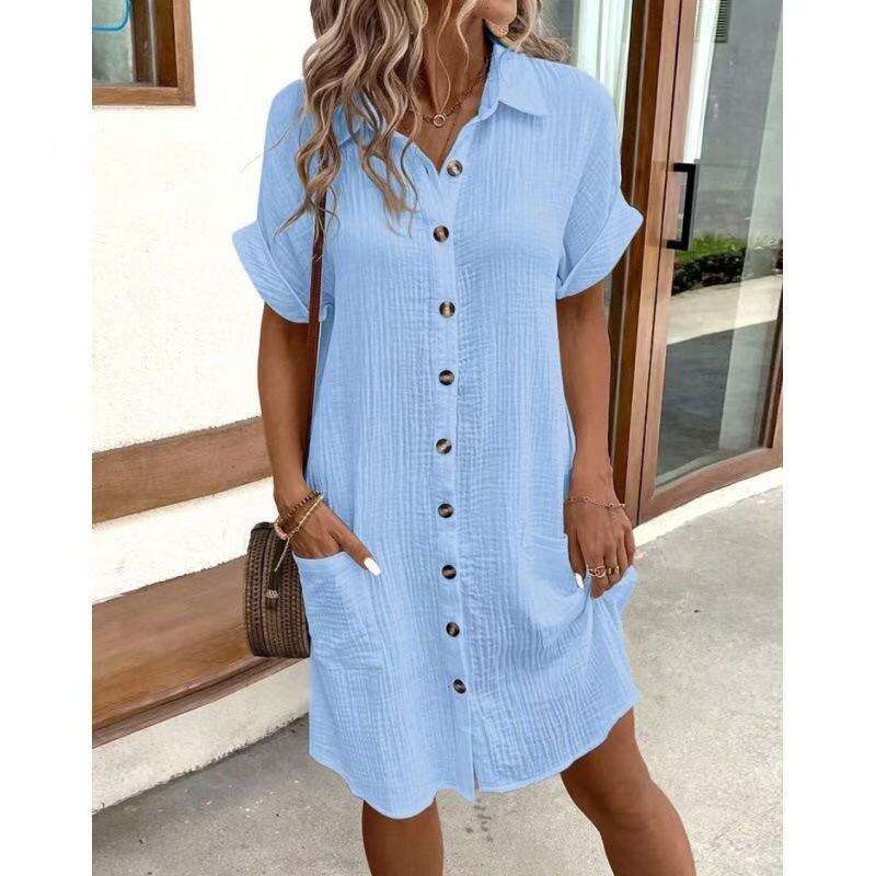 Dresses for Woman Summer Dress Devise 2025 New Clothing Womens Hot Products Solid Color Cotton Hemp Buckle Medium to Long Short Sleeves