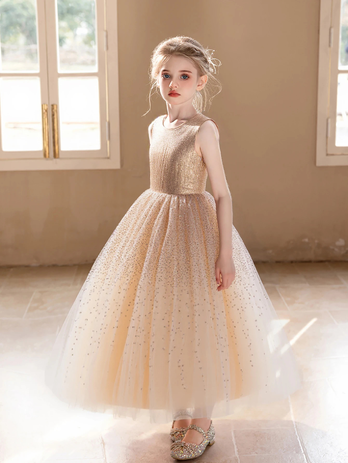 Girl Princess Dress High-end Champagne Sequined Dress for Girls Wedding Birthday Party Puffy Gauze Skirt Bridesmaid Dresses 250519