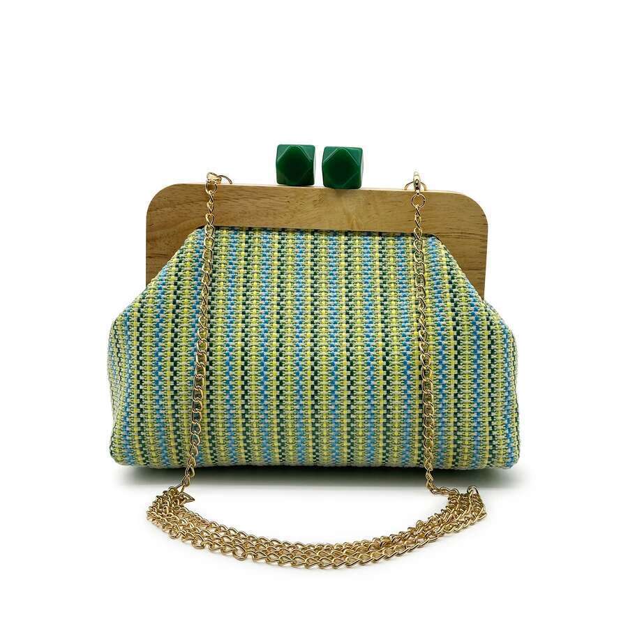 Colorful Striped PP Straw Clucth For Women Wooden Clip Shell Shoulder Crossbody Bags Casual Weave Summer Beach Bag 2025