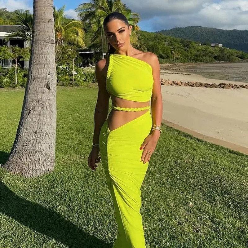 VEITCHE Sexy Two Piece Skirt Sets Women Oblique Shoulder Crop Tops And Maxi Female High elasticity Ruched 250520