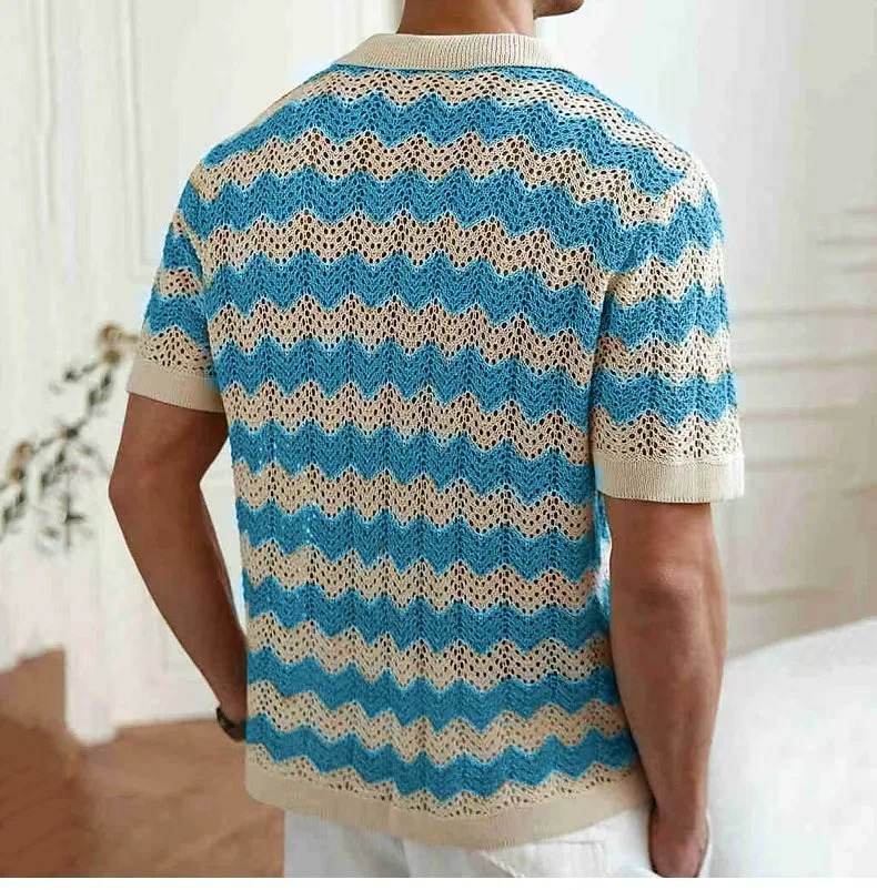 Summer Fashion Mens Knitting Shirts Vintage American Hollow Jacquard Corrugated Knit Cardigan Tops Men Buttoned Lapel Shirt 250520