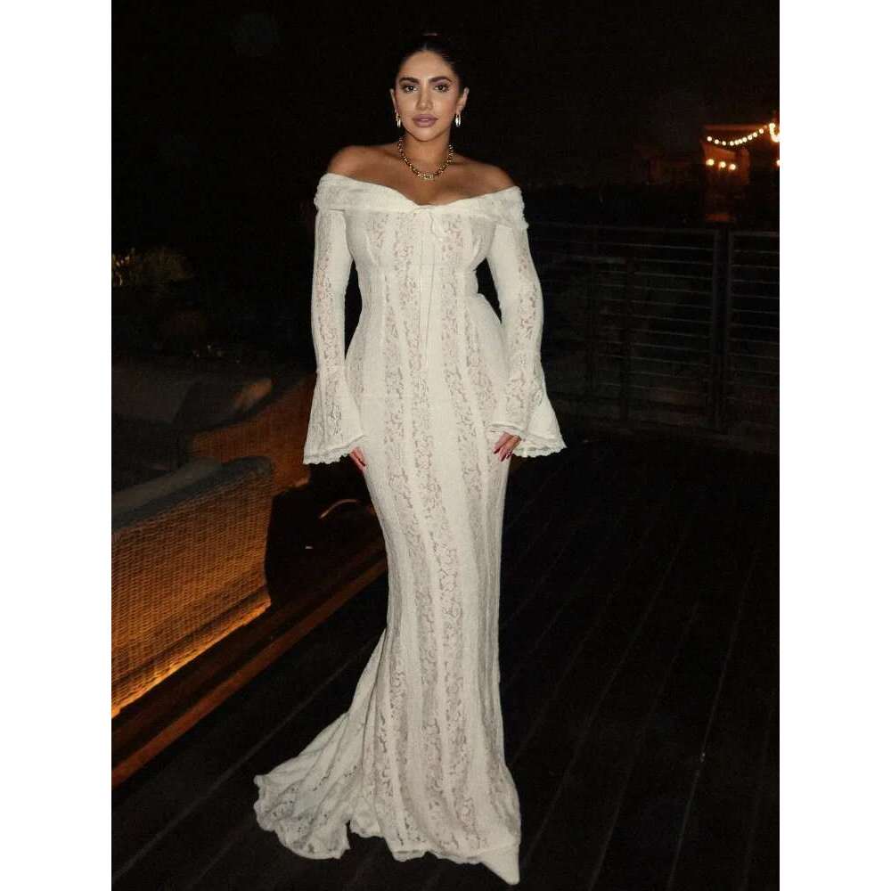 White Off Shoulder Lace Up Flare Long Sleeve Slim Maxi Dress Women Hollow Out Mermaid Floor Length Vestidos Female Elegant Robe Designer