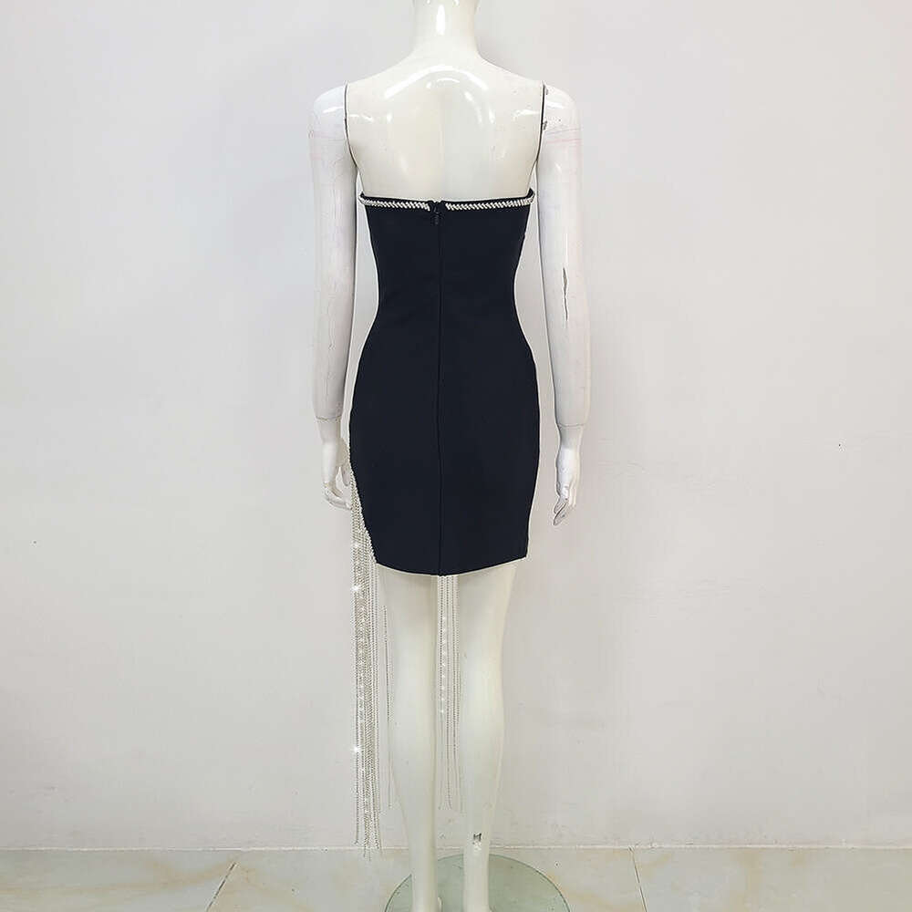 Halter Dress Hot Rhinestone Edging Sexy Slit Long Tassel Black Bandage Strapless Dress Nightclub Party Outfit Maxi Dress