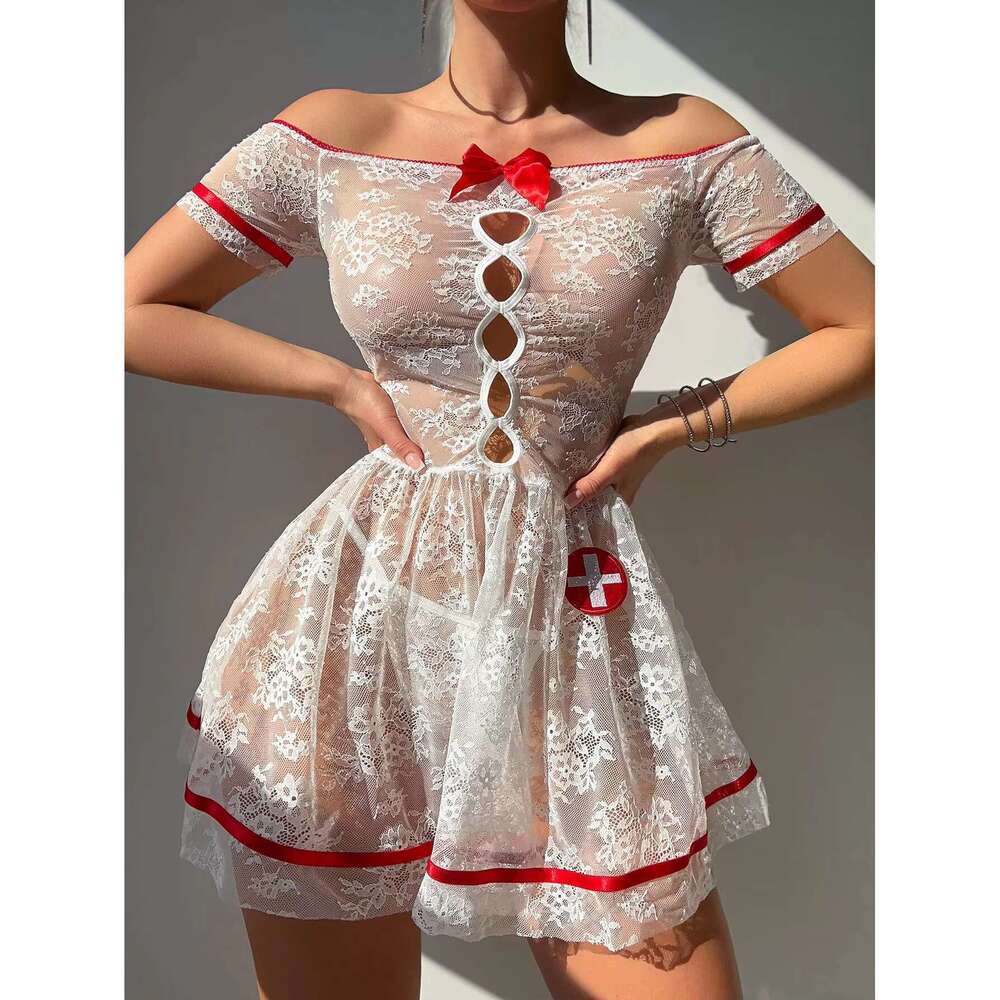 B30313 Sex Appeal Lace Nurse Role Play Uniform Nightdress Transparent Women Underwear Sexy Lingerie