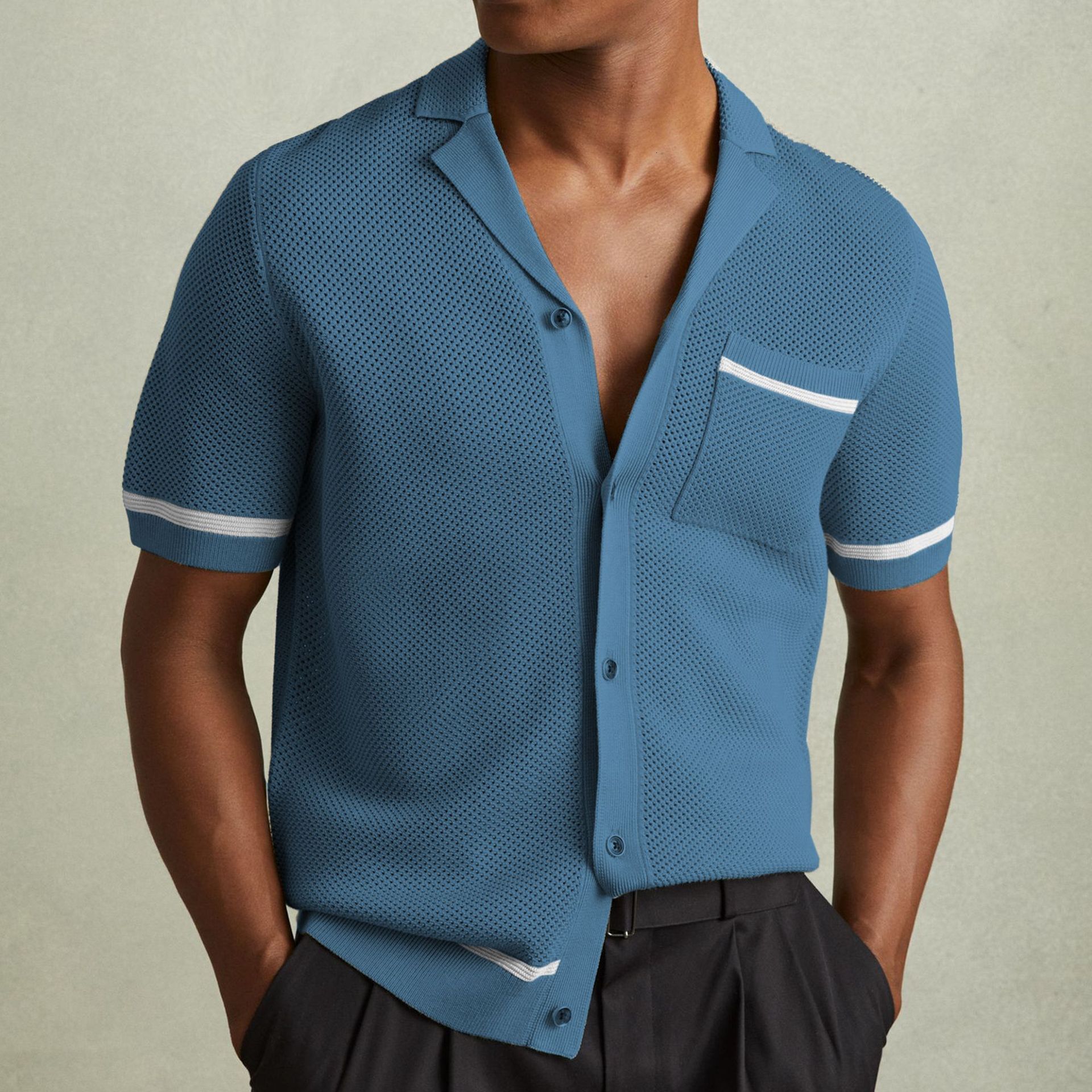 Sexy Hollow Men's Knitted Summer Cuban Collar Short Sleeve Polo Shirt SY0103