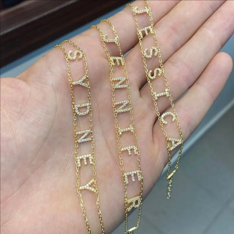 18K Gold Double Chain Pave Initial Bracelet Personalized Name Bracelet Special Gift For Her 250520