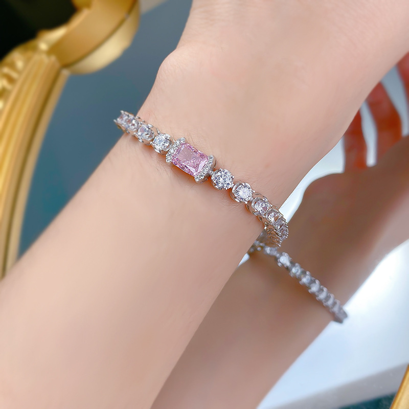 New S925 Silver Ice Flower Cut 6x8 Pink Diamond Inlaid Cluster Diamond Bracelet, Elegant Luxury Design