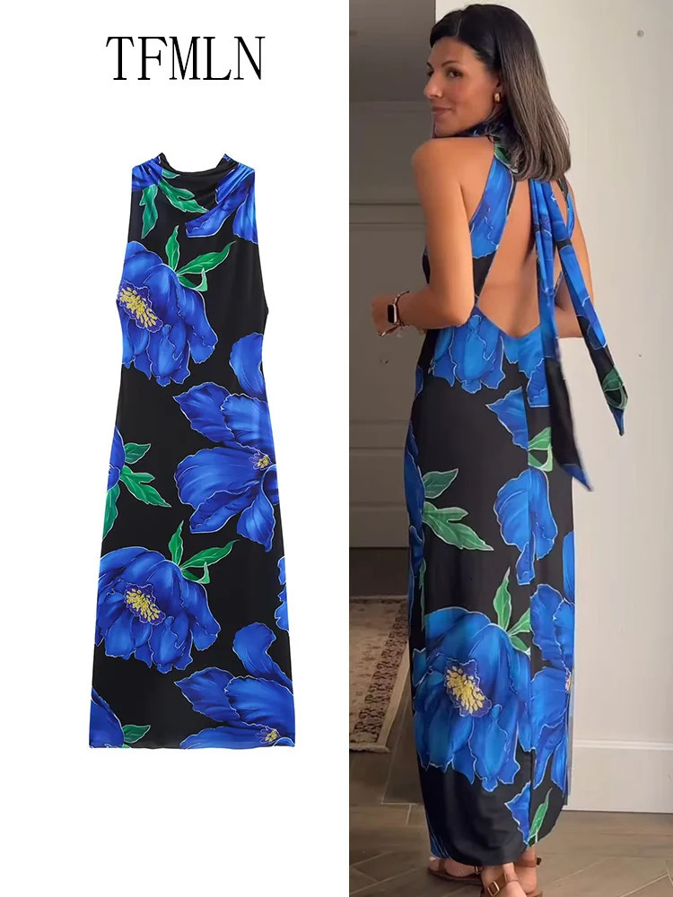 TFMLN Elegant Women Printed Halter Long Dress Summer Sleeveless Slim Backless Tulle Thin Party Fashion Causal 250520