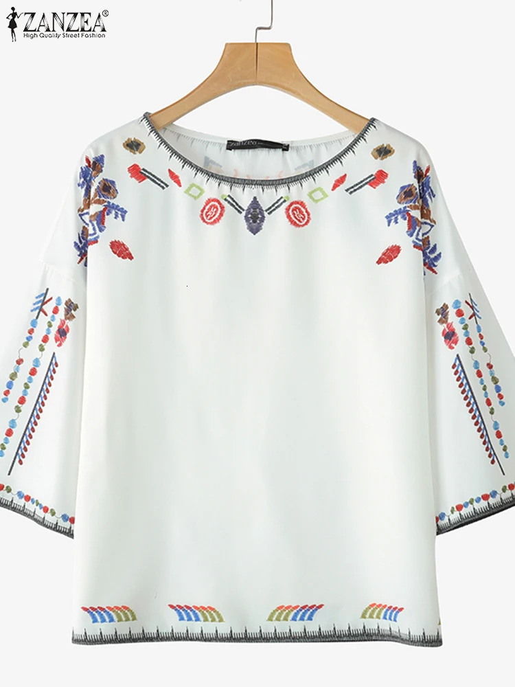 ZANZEA Summer Woman Ethnic Style Printing Blouses Casual Loose 34 Sleeve ONeck Blusas Mujer Vacation Everyday TShirts 250520