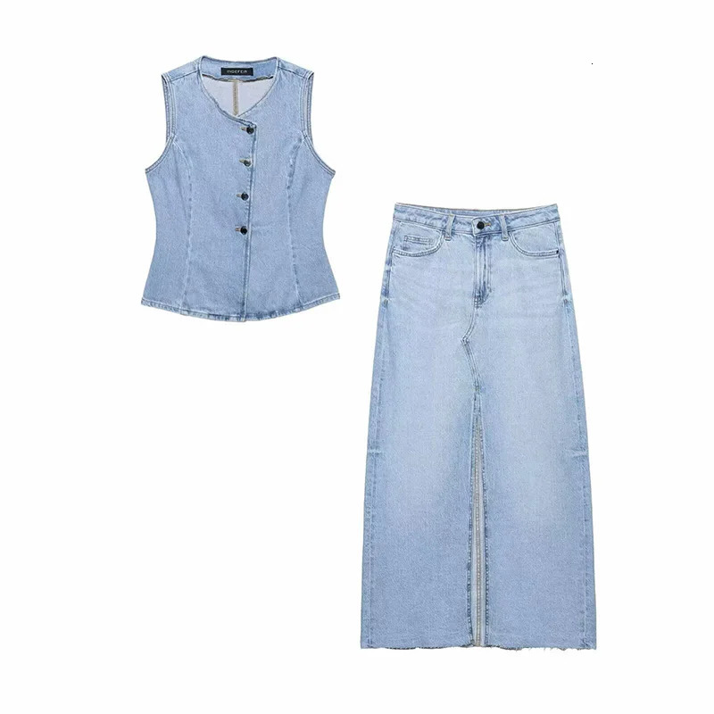 Willshela Women Fashion 2 Piece Set Denim Blue Single Breasted Tank Vintage Front Zipper Midi Skirt Female Chic Skirts 250520