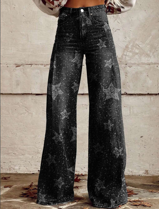 Large women's wide leg new 3D heat transfer flared denim pants, summer thin design
