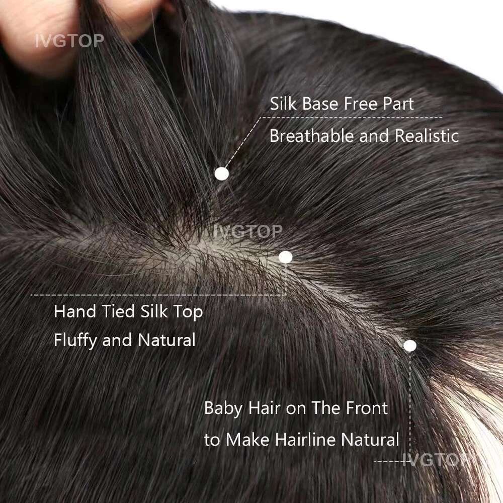 12x14cm Base Human Topper Women Full Size Hand Tied Silk Top Toupee Free Part Remy Hair Piece System with Clips in