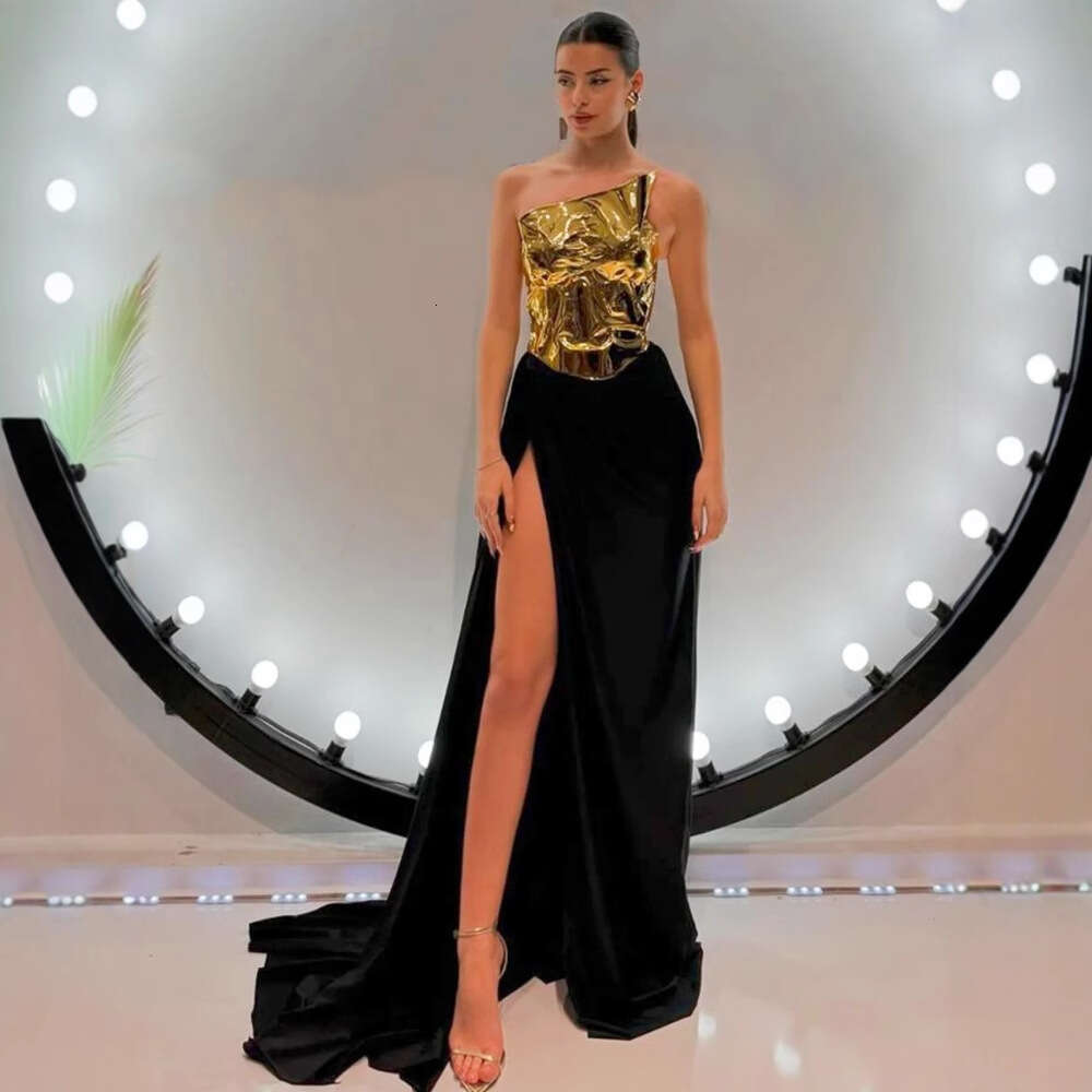 Halter Dress Metal Mirror Sexy High Slit Satin Skirt Fashion Design Evening Dress Maxi Dress