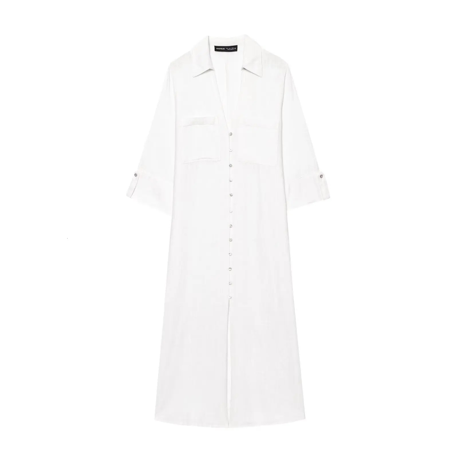 European and American style simple linen blended shirtstyle longsleeved casual dress 250520