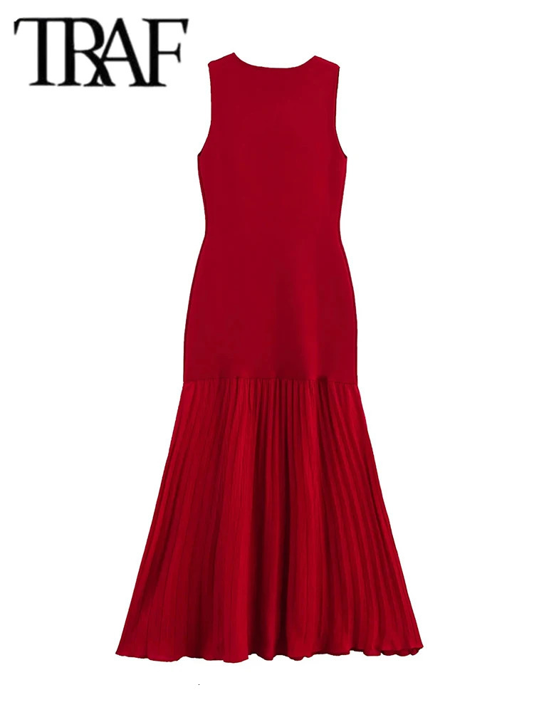 TRAF Spring Summer Womens Dress Pleated Patchwork Simple Temperament Knitted Sleeveless Long Dresses for Women 250520