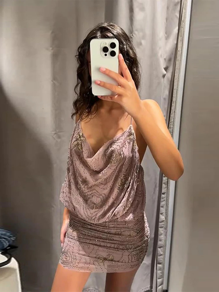 Bead Embroidery Sequin Ruffle Women Dress Sleeveless Backless Strap Sexy Evening Dresses Summer Party Holiday Street Robe 250517