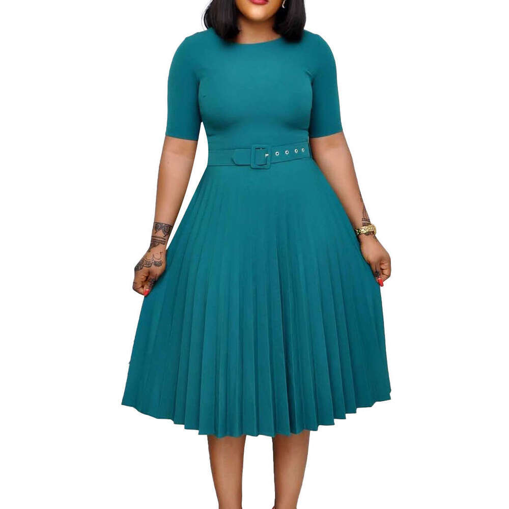 Women's Wear D3292 New Round Neck Mid Length Pleated Skirt Plus Size Dress