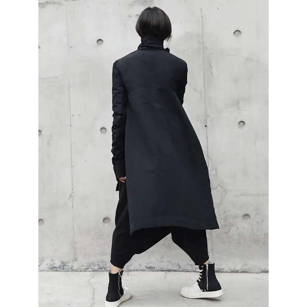 EAM 2024 New Fashion Winter Stand Collar Irregular Long Type Cotton-Padded Clothes Loose Coat Black Jacket Woman Ya771 Designer