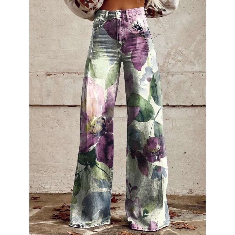 Women's oversized imitation denim 3D printed casual wide leg pants, flared pants
