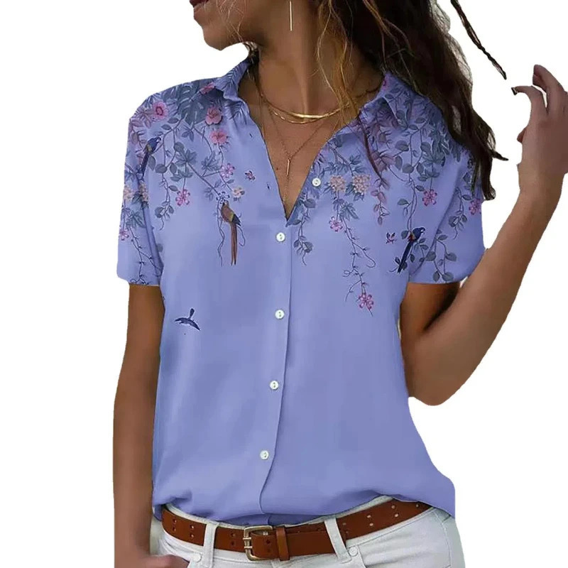 Womens Fashion Turn Down Collar Elegant Printed Top Casual Short Sleeve Loose Button Shirt 299 250514
