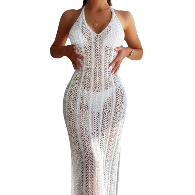 2025 Summer Designer Dress Sexy Hollow Perspective Beach Sleeveless Hanging Collar Women's Slimming Sexy Backless Long Dress Sexy Girls Plus Size