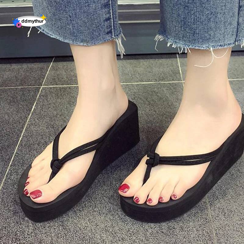 For Women Summer Fashion Casual Outer Wear High-heeled Flip-flops Ins Trendy Non-slip Slope Heel Seaside Beach Sandal ddmythur