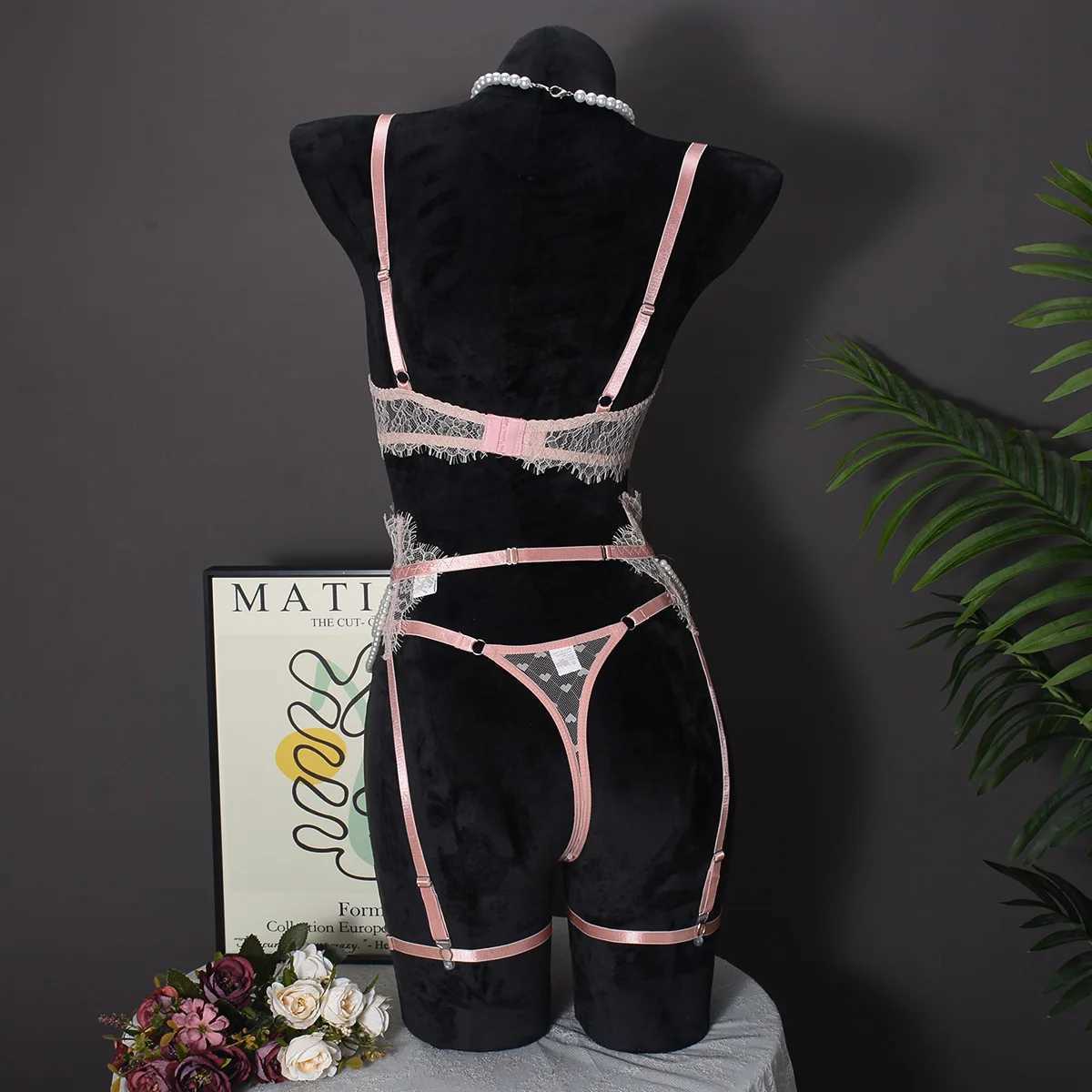 4-piece Set Sexy Lingerie Set Women Solid Lace Bra With See Through Lace Fishbone Pearl Lingerie Outfits For Party Club R250520