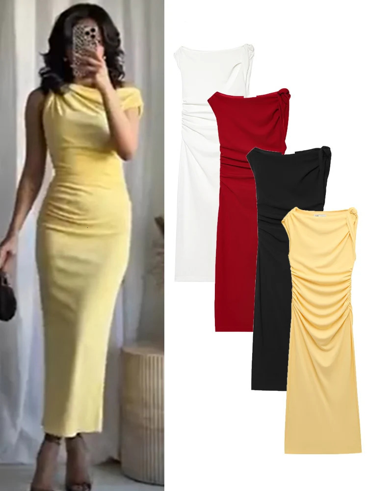 TFMLN Womens Asymmetric Midi Dress Summer Elegant Pleated Slimming Beach Holiday Chic Female Sleeveless Split Dresses 250520