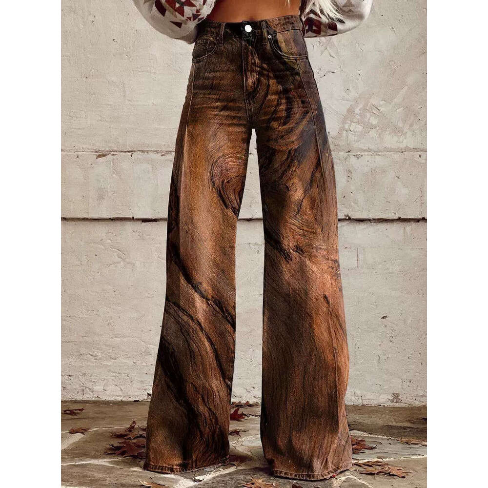 Women's Casual High-Waisted Wide-Leg Jeans - Printed Stretch Design for All-Day Comfort