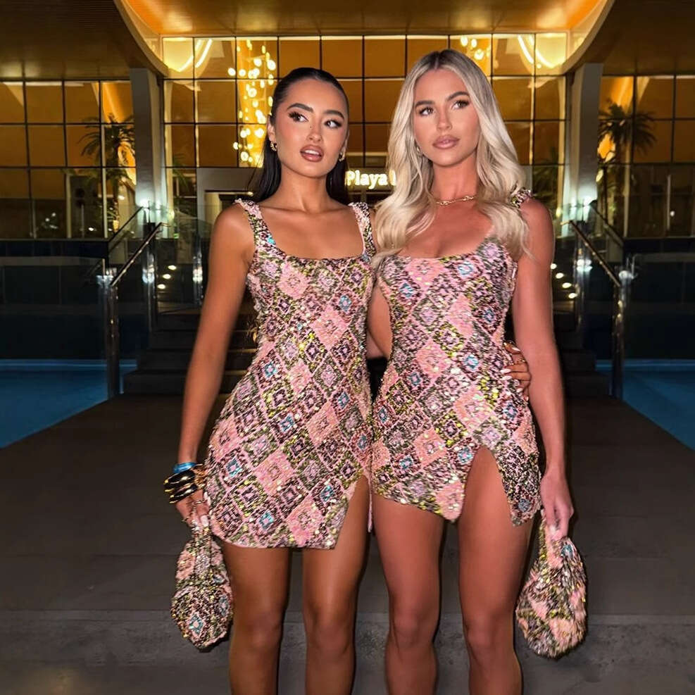 2025 Spring/Summer Design Colorful Flower Dia Grid Glitter Split Hip Bag Sexy Birthday Party Dress Style Versatile New Trendy Clothing Ins