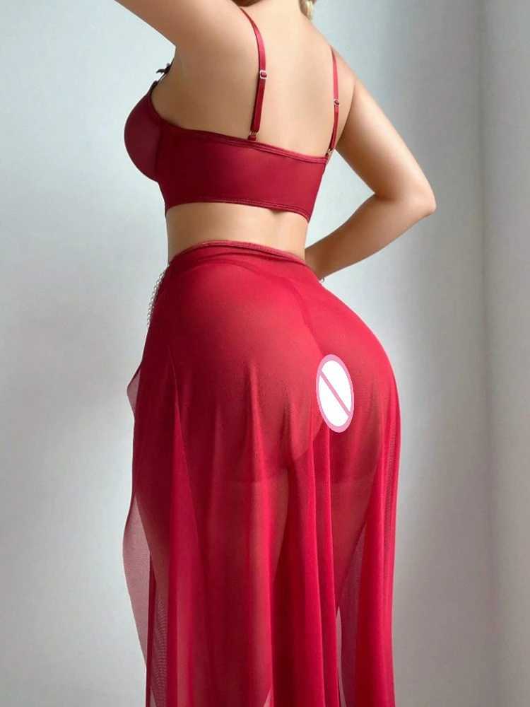 Sexy Lingerie Suit for Women Knot Patchwork Mesh See-through Womens Underwear Suit Solid Color Slit Skirt Lingerie R250520