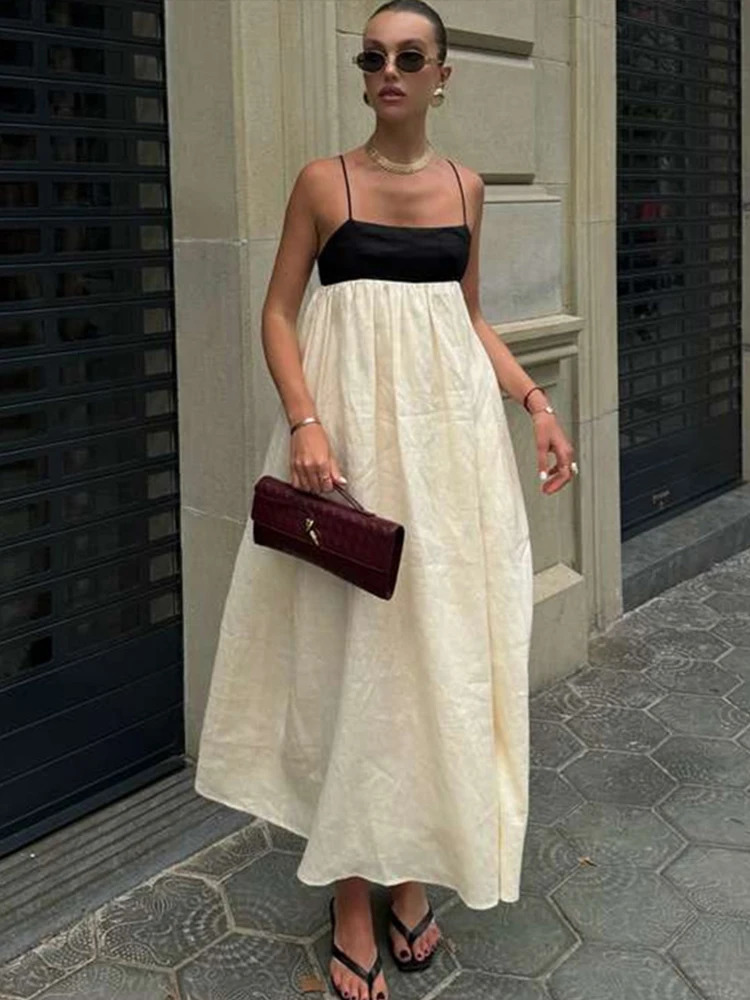 Contrast Color Sling Dresses Women Sleeveless Backless Square Collar Female Dress Fashion High Waist Summer Sexy Lady Robe 250520