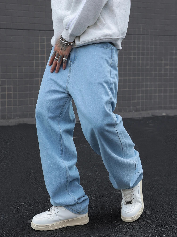 Mens Cotton Baggy Y2K Jeans Fashion Male Clothes Elastic Waist Washed Wide Leg Pants Solid Straight Loose Denim Trousers 250519
