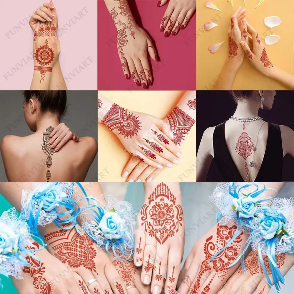 10 Pcs/Set Maroon Color Henna Tattoo Stickers for Hand Brown Red Henna Tattoos for Women Waterproof Temporary Mehndi Tattoo Fake 250515
