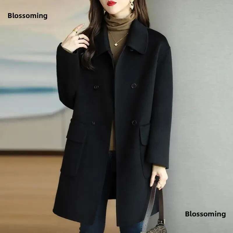 Plus Size Women's Thickened Woolen Autumn Winter New Style Coffee Color Slimming Long Coat Korean Version Fashionable Ou...