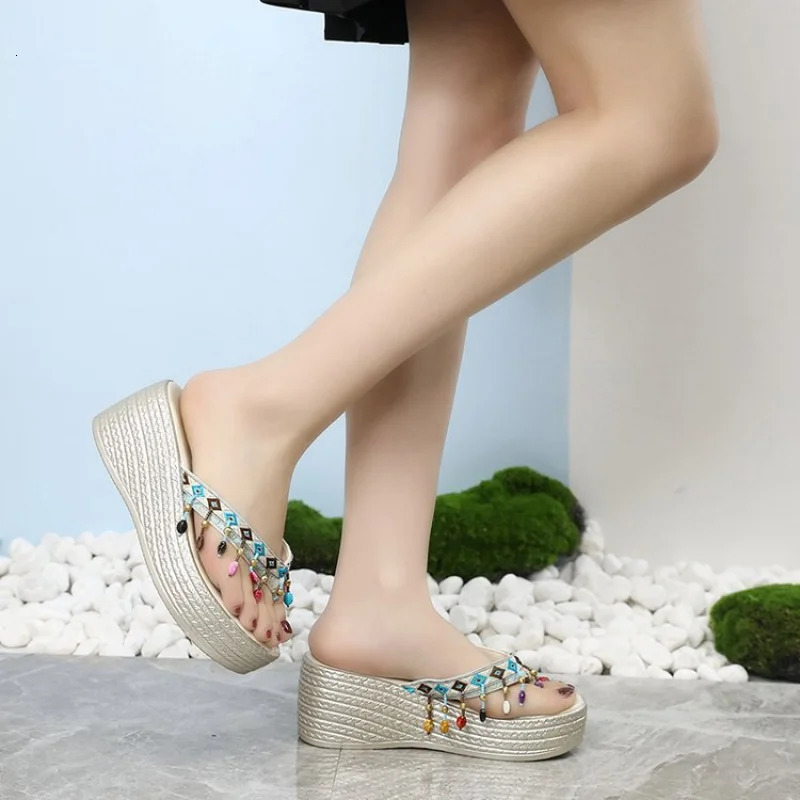 Womens Ethnic Style Platform Wedge Heels Slides - Boho Beaded Tassels Gladiator Sandals Casual Summer Beach Flip Flops Casual 250519
