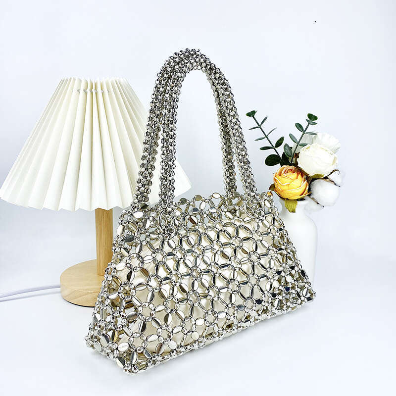 Korean Version Personalized Woven Hollow High Aesthetic Ceiling Versatile Handbag With Shiny Handmade Pearl Tote Underarm Bag