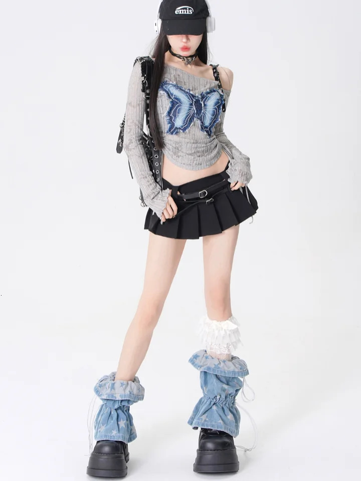 Retro Patchwork Denim Bow Womens Top Short Slim Off Shoulder Drawstring Long Sleeved T-shirt Y2K Style Girl Clothing 250517