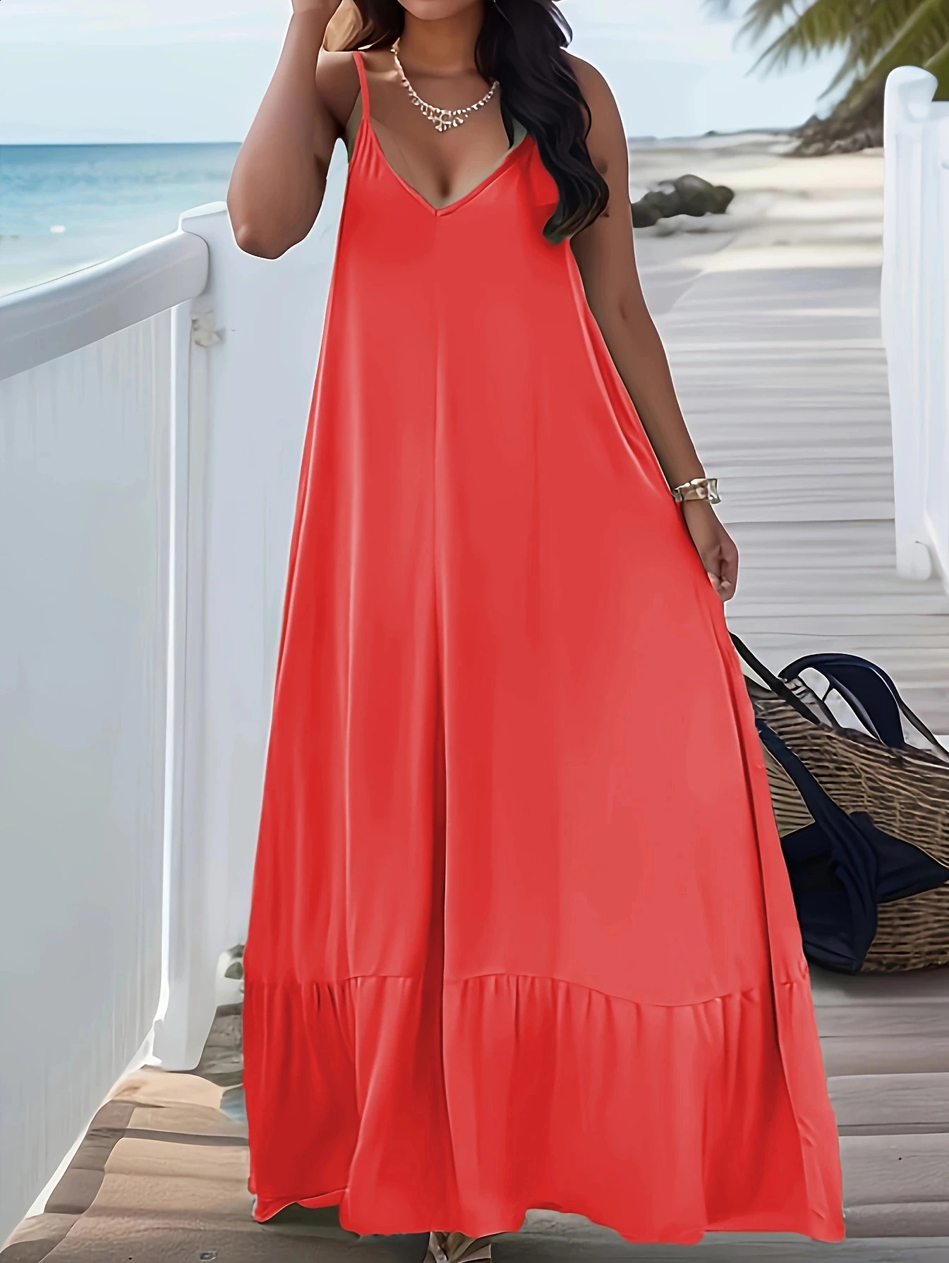 European and American Plus Size womens cross-border summer V-neck solid color suspender dress 250519