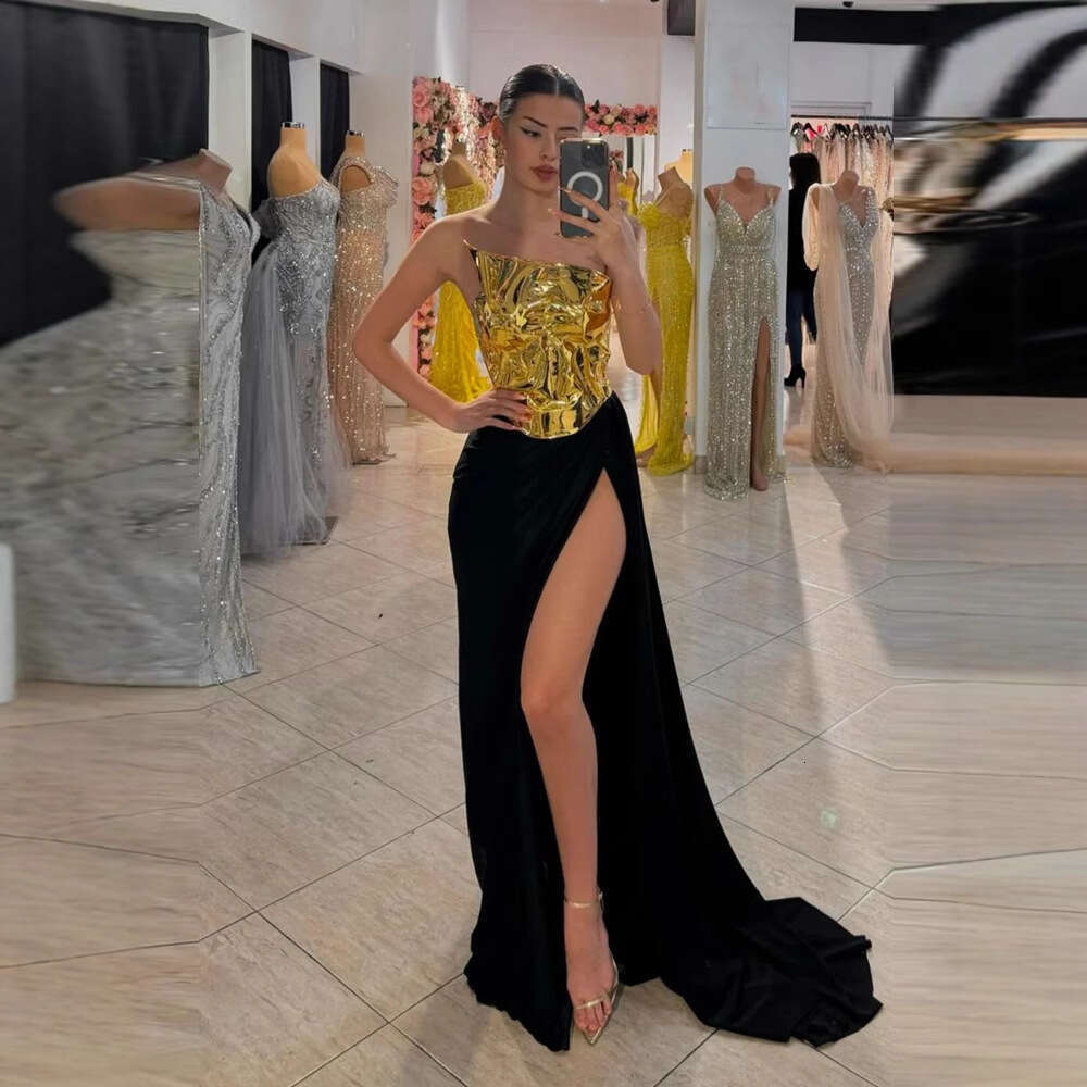 Halter Dress Metal Mirror Sexy High Slit Satin Skirt Fashion Design Evening Dress Maxi Dress