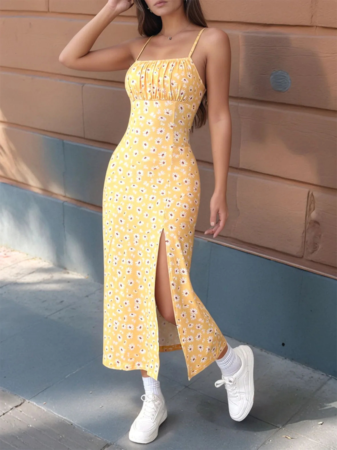 Women Floral Print Dress Sleeveless High Slit Bodycon Midi Sundress French Vintage Style for Beach Date Night Office Party 250520