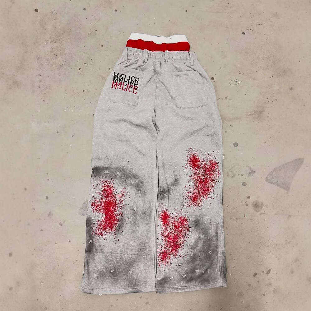 American Gothic style old inkjet painted letter printing double-layer sports casual pants for men, loose fitting hip-hop rap street